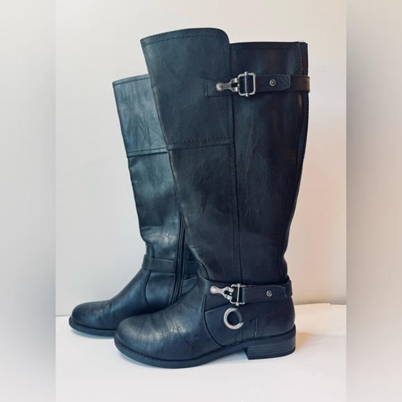GUESS G Harvest Tall Riding Black Leather Buckle Boots Size 8 - Picture 3 of 16